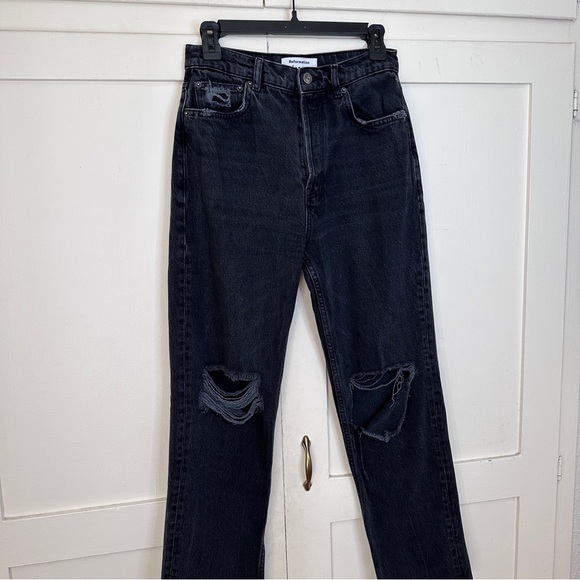 Reformation Cynthia High Rise Straight Jeans in Lagoon Destroyed Black 27 - Picture 3 of 9